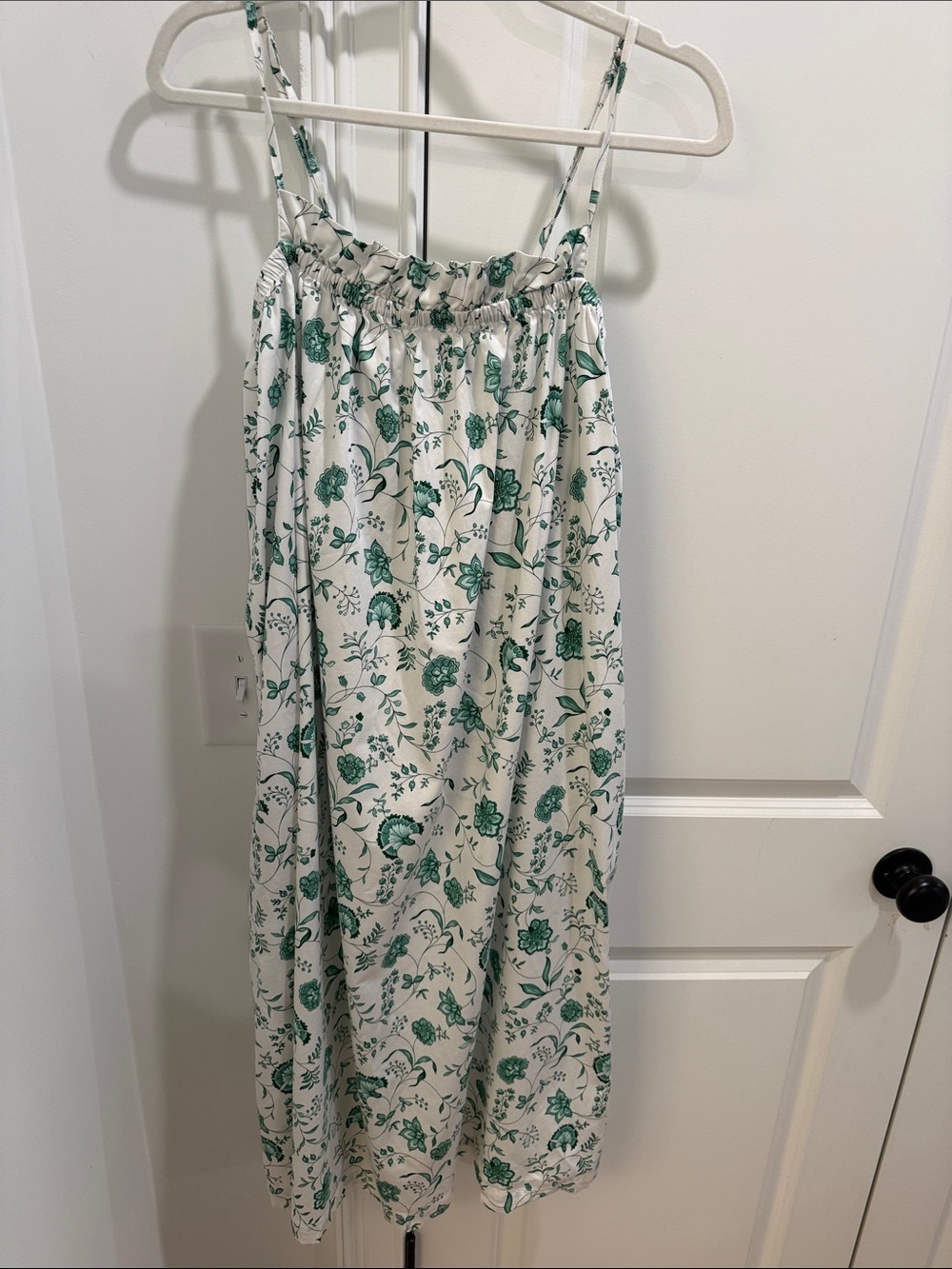 White & Green Floral Cotton Nightdress with Adjustable Straps